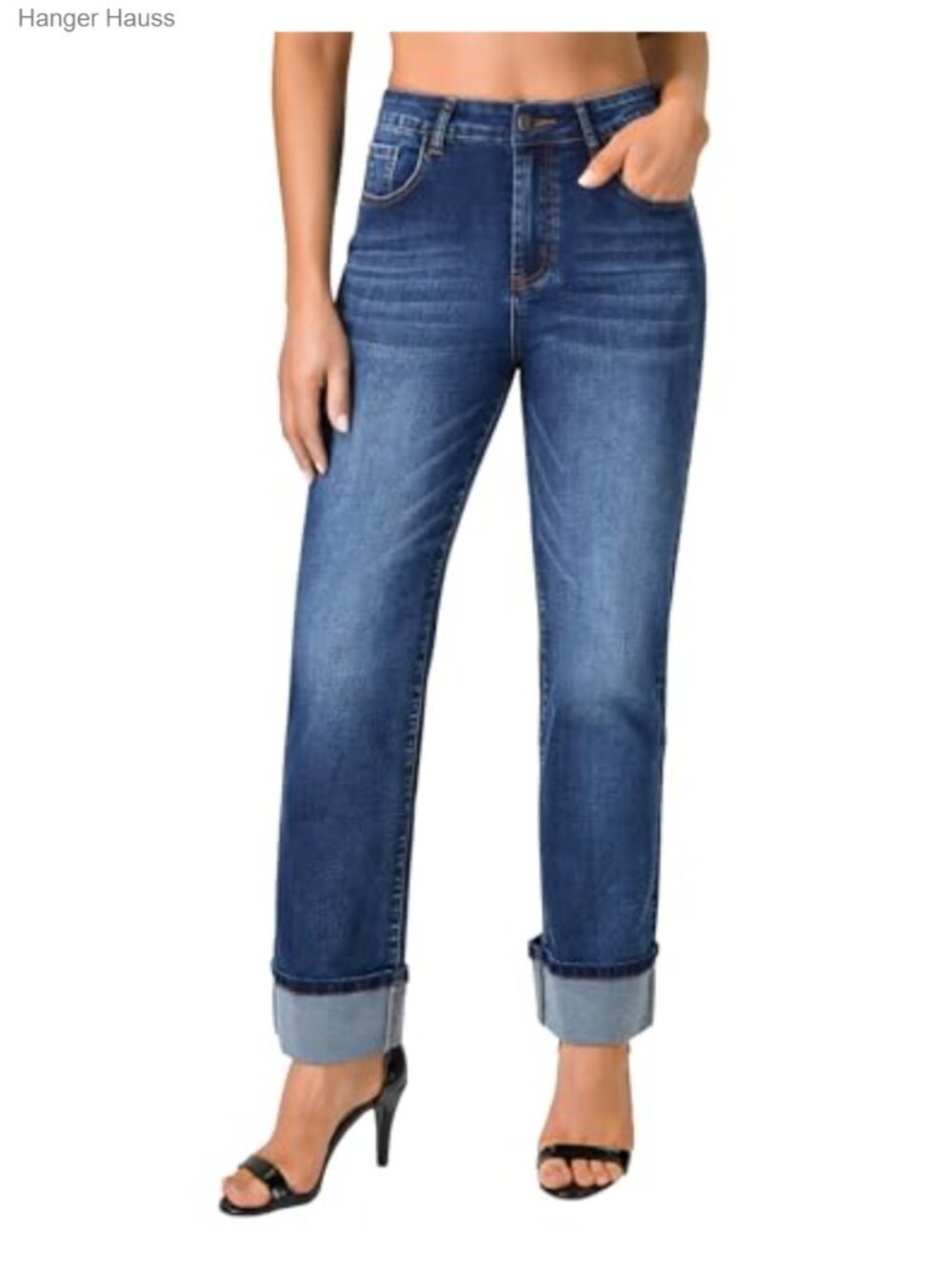 High Waisted Straight Leg Jeans Cuffed Hem Stretch Denim Casual Work